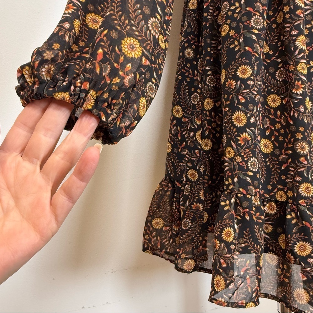New! Evereve ‘Olivia’ Black Brown Floral Print Mini Dress Women’s Size Medium - Picture 10 of 12